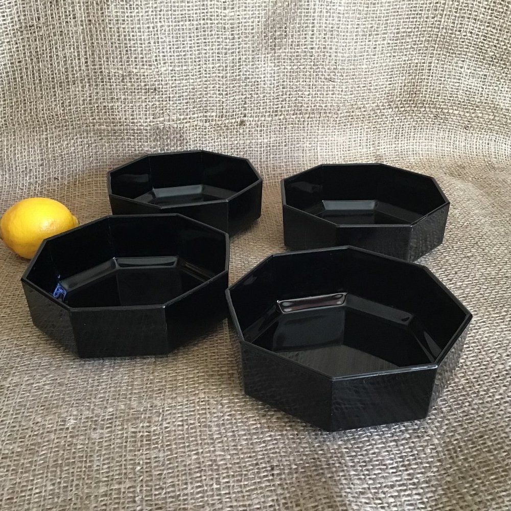 Octime Black Glass Bowls  Octagonal Shape  Set of 4  Vintage